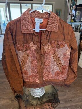 Coldwater Creek Embroidered Rust Lace Jean Jacket